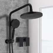 ACA Round 8'' ABS Rainfall Shower Head Station 5-MODE Handheld Set Diverter Square Twin Taps Black