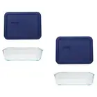Pyrex (2) 7210 3-Cup Glass Dishes and (2) 7210-PC Dark Blue Lids