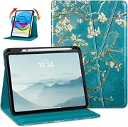 DTTO Rotating Case for iPad 10th Generation 10.9 Inch 2022, 360 Degree Swiveling Premium Leather Folio Stand Protective Cover with Pencil Holder - Auto Wake/Sleep and Hand Strap, Blossom