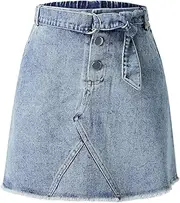 [Kukume] Girls Casual Denim Skirts Elastic High Waist A-Line Mini Cargo Skirt with Belt, Denim Hip Wrap Skirt for 3-11 Years