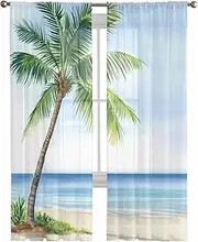 Semi Sheer Curtains for Windows, Seaside Beach Palm Trees Light Filtering Voile Drapes Summer Tropical Ocean Privacy Window Treatment for Bedroom Living Room Decor,84" Length 2 Panels Set