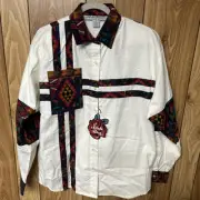New Vtg Adobe Rose Top Womens Medium White Aztec Western Cowgirl Button Up