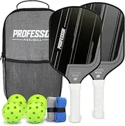 Professor Premier Pickleball Paddle Set of 2 Fiberglass Surface Paddles, 4 Balls, Carrying Bag & Grips - 2024 USAPA Approved!