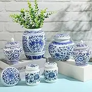 Maxcheck Set of 6 Small Blue and White Porcelain Vases Ginger Jars Blue Chinoiserie Decor Ceramic Decor for Home Table Centerpieces(Retro)