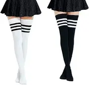 [CHOUYOUAGAIN] High socks, Extra Long Cotton Stripe Thigh High Socks Over the Knee High Plus Size Stockings Stripes Sports Football Style Long Socks