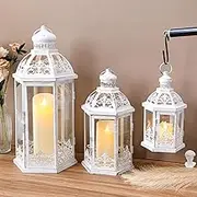 TRIROCKS Large Set of 3 Decorative Lanterns 19''&13.5''&9.5" H Vintage Hanging Lantern Metal Candleholder with Tempered Glass for Indoor Outdoor Home Decor Parties Garden(White with Grey Brush)