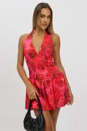Red Floral Halter Neck Mini Dress - Size 16XL, Women's Skater Dress