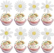 Rsstarxi 24 Pack Daisy Flower Cupcake Toppers Glitter Sunflower Chrysanthemum Cupcake Picks for Baby Shower Wedding Birthday Party Cake Decorations Supplies