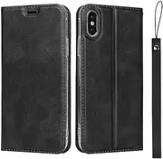 for iPhone Xs Max Case (6.5"),Cavor Folio Flip Leather Wallet Phone Case Stand Card Holder Magnetic Closure Clear TPU Bumper Slim Thin Cover Case with Wristlet Strap- Black