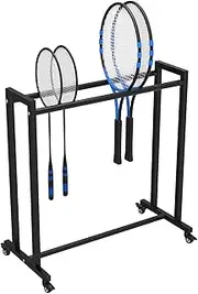 L Sports Racket Rack with Wheels, Rolling Tennis Ball Training Equipment Storage Cart, Black Steel Badminton Racket Holder for Indoor Outdoor Gym