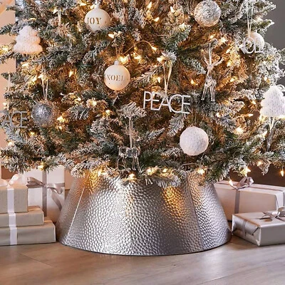 Hammered Metal Christmas Tree Collar Silver Tone Skirt Ring Cover Holiday Decor
