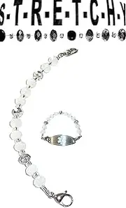 [Hidden Hollow Beads] Women's White Beaded Stretchy 6.5 or 5.5 inch long Medical Alert ID Interchangeable Replacement Bracelet, Identification Vital info tag