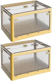 2 Pack Plastic 4 Doors Collapsible Storage Bins with Lid & Wheels Foldable Lidded Storage Containers with Handle Slots Multifunctional Stackable Folding Organizer Cube for Camping Clothes Toys, Yellow