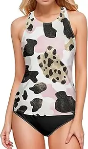 [ODAWA] Tankini Top Leopard Spots Pink Backless Swimwear High Neck Bathing Suit Tops for Women, Leopard Spots Pink, Small
