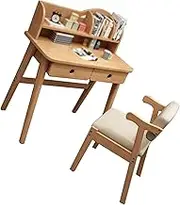 Kids Desk and Chair Set, Student Studying Desk,Wooden Children Reading Desk with 2 Drawer and Bookshelf, for Home School Kids Drawing Studying Writing Reading(Beige)