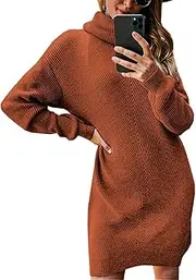 [Miessial] Women's Thick Cable Knit Turtleneck Sweater Midi Dress Winter Elasticity Long Pullover Sweaters