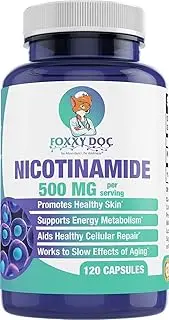 Nicotinamide 500 mg - Vitamin B3 – Anti-Aging – Energy Booster – Cellular & Skin Health - Gluten Free - 120 Veggie Caps by Foxxy Doc