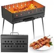 MHH Charcoal Grill for 8 Skewers - Portable Barbecue 16.9""×11.8""×16.9"" Kabob Camp Grills - Foldable Metal Mangal - Kebab Shish - BBQ for EDC Picnic Outdoor Cooking Camping Hiking