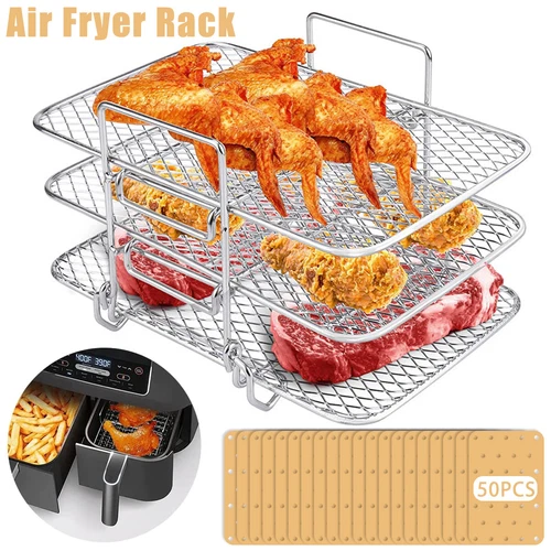 Air Fryer Rack with 50 Liners Sheets 3 Layered Stainless Steel Square Air hagLt