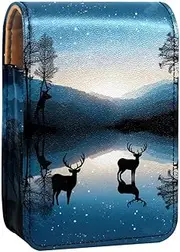 Lipstick Case,Leather Lip Gloss Lipstick Organizer with Mirror,Mini Lipstick Holder Bag,Deer Night River Forest