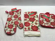 Set 4 Christmas Poinsettia Kitchen Towel Oven Mitt Potholders NEW