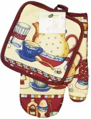 2 pc PRINTED SET: 1 OVEN MITT & POT HOLDER, TEAPOT, COFFEE CUP & BEE, brown back