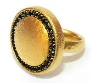 Hammered Gold Plated 24k Disk Coin Circle Ring Set w Black Rhinestones Sz 8