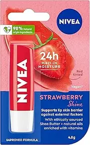 NIVEA Strawberry Shine Tinted Lip Balm 4.8g | With Shea Butter & Natural Oils | 24-Hour Melt-In Moisture | Subtle Red Shine | Fruity Strawberry Scent | Keeps Lips Soft & Hydrated