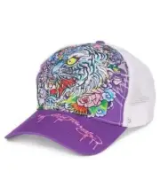Ed Hardy mens Throwback Embroidered Floral Tiger Trucker Hat Cap - Purple
