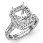 Diamond Engagement Halo Pave Ring Emerald Semi Mount 1.6Ct Platinum Split Shank
