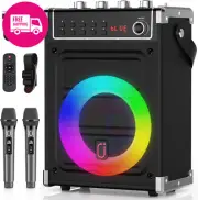 JYX Portable Karaoke Machine, 2 Wireless Mics, Bluetooth Speaker, LED Lights, FM