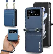 Phone Protection Compatible with Samsung Galaxy Z Flip 3 5G Wallet Case With Credit Card Holder,Shockproof PU Synthetic Leather Wallet Case with Wrist Strap and Long Shoulder Strap phone accessory(Blu