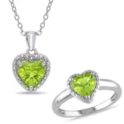 Amour Sterling Silver Heart-Cut Peridot Pendant Chain & Ring Set