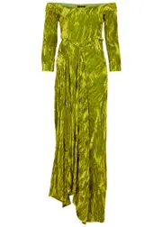 A.W.A.K.E Mode Off-the-shoulder Crushed Velvet Maxi Dress - Lime - 42 (UK14 / L) 42 (UK14 / L)