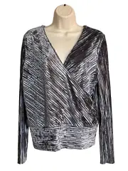 New! Tahari Crinkle Velour Long Sleeve Shiny Gray Wrap Top Blouse Women's Sz L