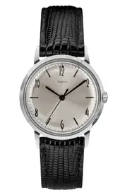 Timex® Marlin Leather Strap Watch, 34mm in Black/Silver at Nordstrom One Size