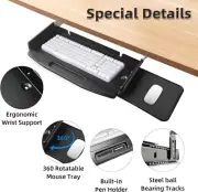 28"Lx10"W Steel Under Desk Keyboard Tray Slide Out + 360°Rotating Mouse Platform