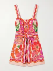 [Farm Rio] Farm Rio - Belted Printed Linen-blend Playsuit - Pink - medium medium Pink
