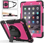 iPad Air 2/iPad Pro 9.7, 6th/5th Gen 2018/2017 iPad 9.7 case with Pencil Holder&Screen Protector, Protective Shockproof Rugged Kids Case w/Hand Strap Shoulder Strap, Kickstand for -Rose Red