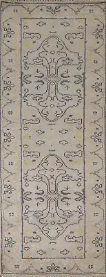 Geometric Light Green/ Light Blue Oushak Handmade Narrow Runner Rug 3'x8' Carpet