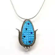 ZUNI-TURQUOISE & STERLING SILVER BLUE CORN PIN/PENDANT by TRACY BOWEKATY