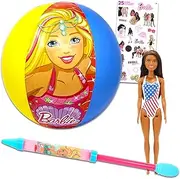 Barbie Pool Set for Girls - 3 Pc Water Toys Bundle with Inflatable Beach Ball, Water Blaster, Doll, and Stickers | Barbie Pool and Beach Gift Set for Kids