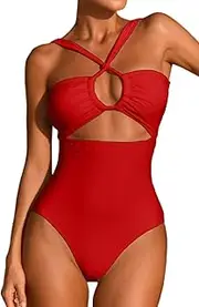[LEISUP] Sexy Womens Bandeau Tie Back Cut Out Front High Waist Cheeky Bottom One Piece Swimsuit