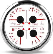 WATERWICH 3.14in 85mm 4-in-1 Meter Water Temperature Gauge +Oil Pressure Gauge + Fuel Gauge + Voltmeter (White Plate Silver Cover)