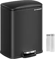 SONGMICS Trash Can, Garbage Can with Lid, 5.2-Gallon (20L) Step Trash Bin for Kitchen, Stainless Steel, Soft Close and Stays Open, Inner Bucket, Includes 15 Trash Bags, Ink Black ULTB543B01