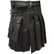 Halloween Mens Real Black Leather Gladiator Pleated Kilt LARP