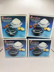 Lot Of 4 Box Megaware Cookware Cobalt Blue & White Enamel Covered Pots .5 Qt