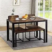 Industrial Style 4 Piece Dining Set with Wooden Steel Frame Includes Table 2 Chairs and 1 Bench Space Saving Kitchen Dining Room Furniture