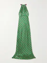 [Saloni] Saloni - Michelle Velvet-trimmed Floral-print Hammered Silk-satin Maxi Dress - Emerald - UK 6 UK 6 Green