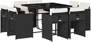 vidaXL Black Outdoor Bar Set 9-Piece - Poly Rattan Garden Dining Set with Cushions, Foldable Chairs, Tempered Glass Table
